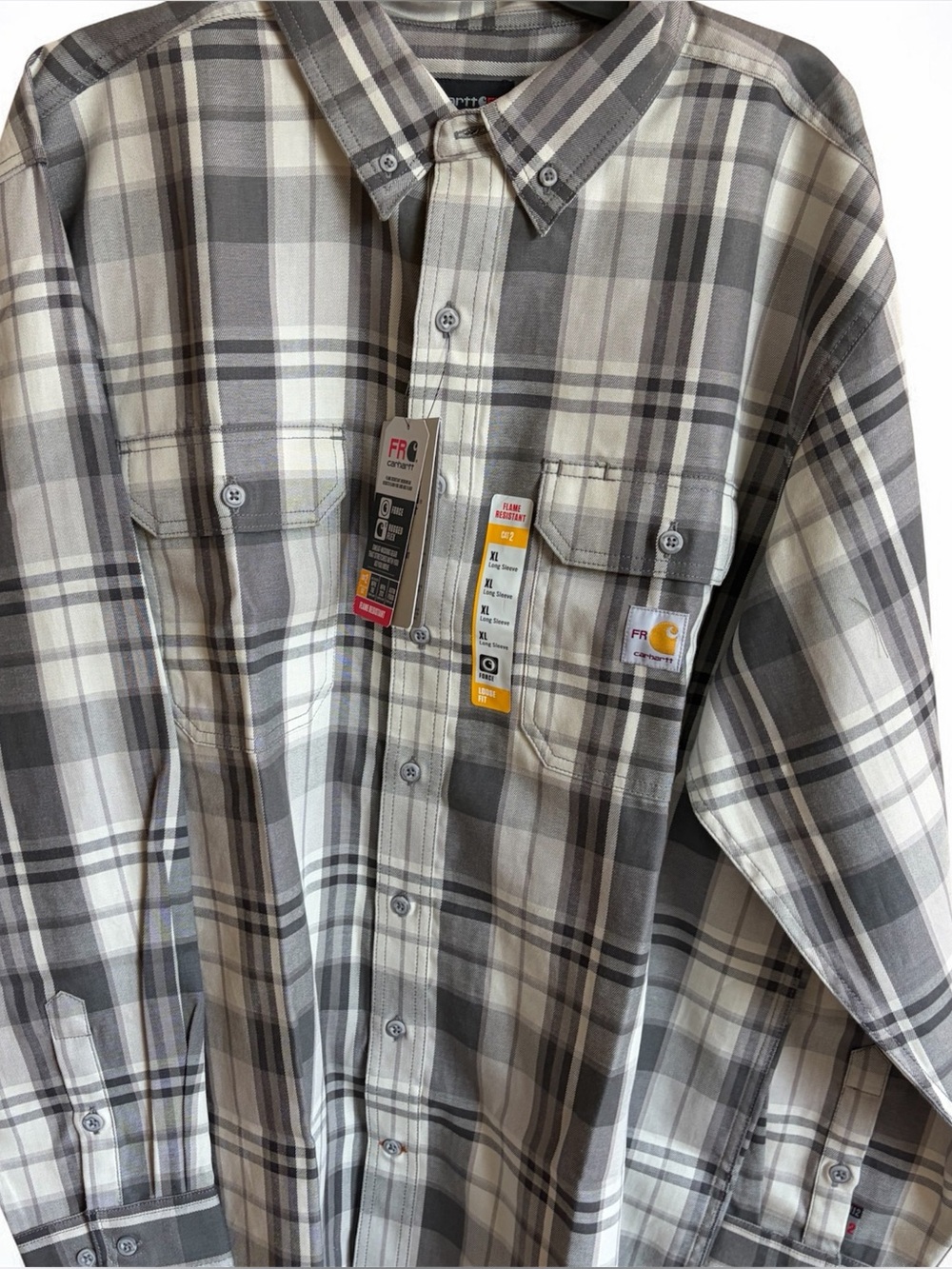 Carhartt FR NWT  Men’s Gray Plaid Work Shirt Loose fit size XL work wear